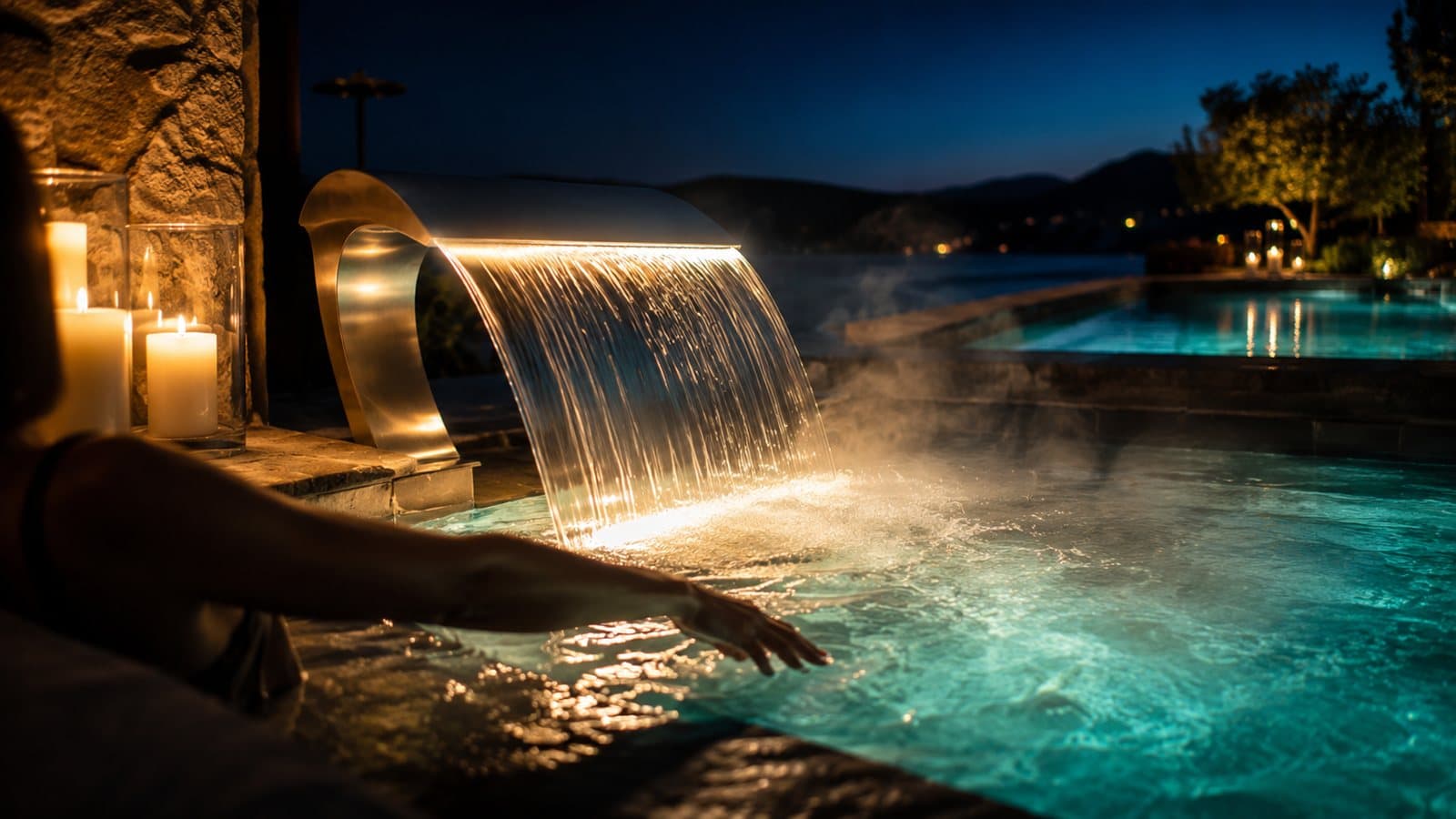 Cascata wave em aço inox iluminada sobre spa aquecido ao anoitecer