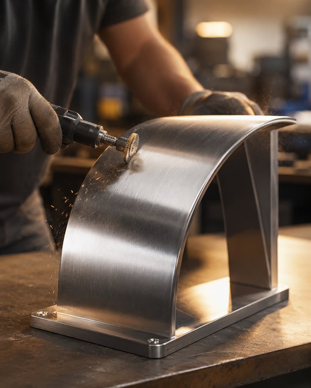 Artesão dando acabamento em uma cascata de aço inox escovado em oficina de fabricação