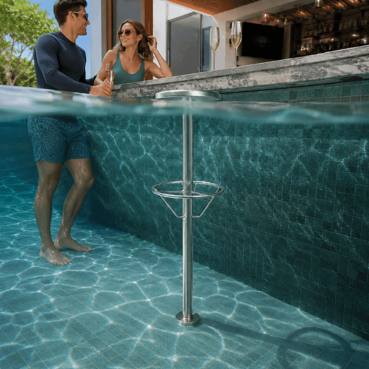 Banco Bar Molhado Tradicional Inox 304 — Cascata para Piscina