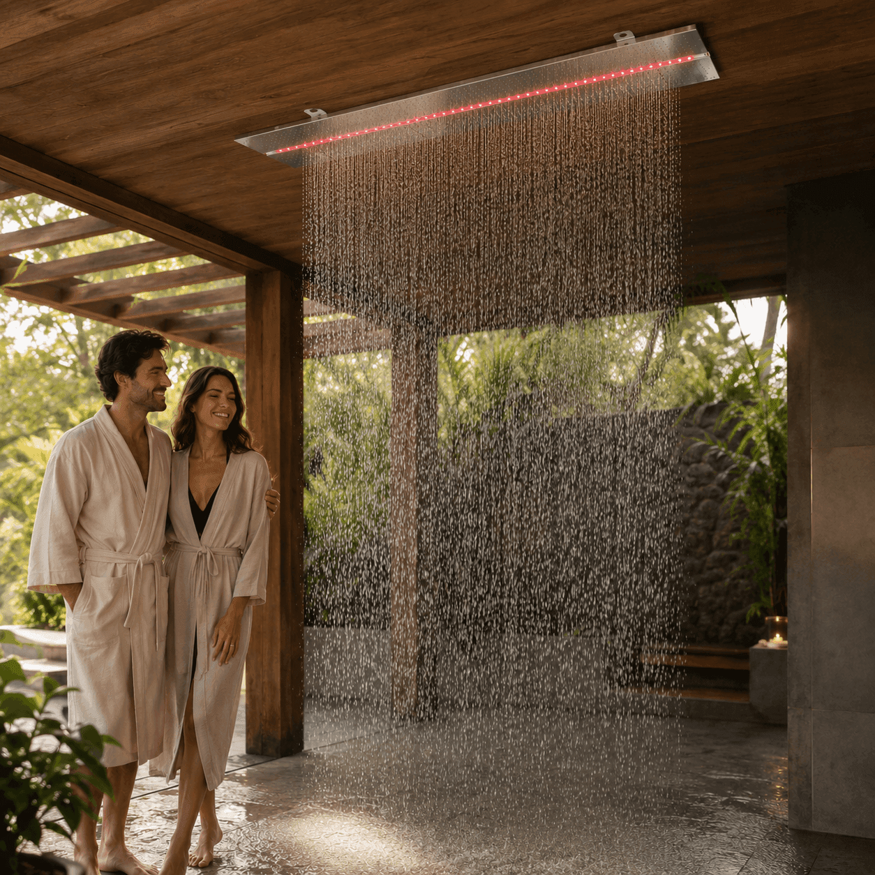 Cascata Efeito Chuva Teto Dupla com LED 60cm Inox 304 — Cascata para Piscina