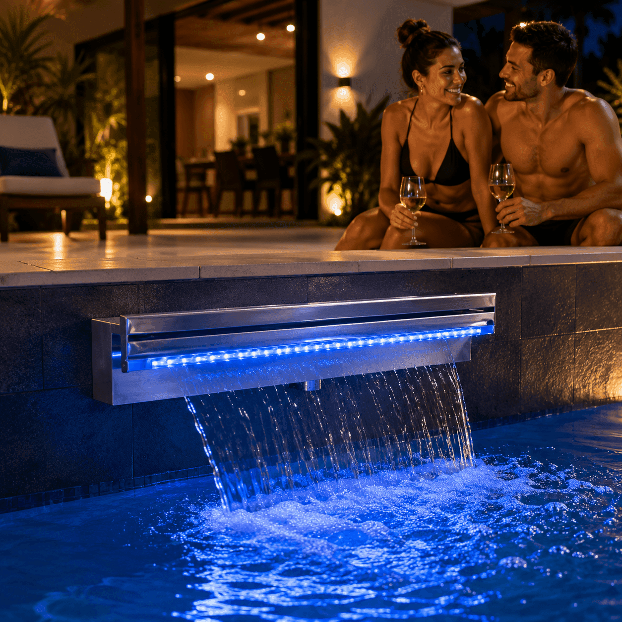 Cascata Embutir Lamina Curta 40cm Inox 304 com LED — Cascata para Piscina