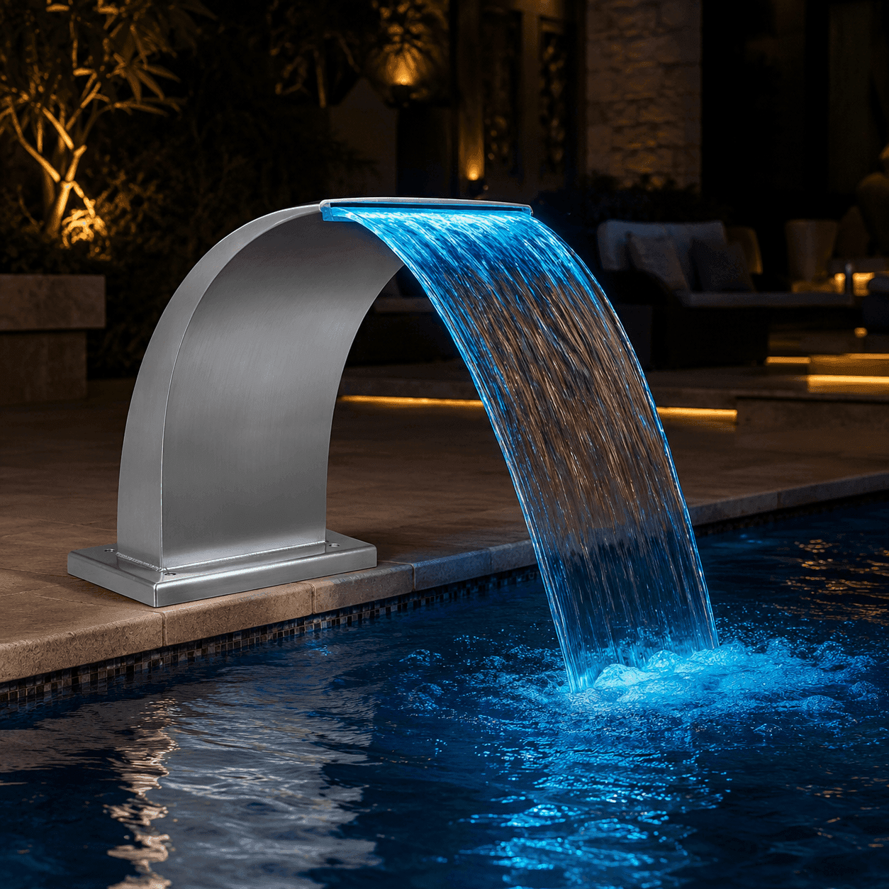Cascata Wave Chao Pequena 50x25cm Inox 304 com LED — Cascata para Piscina